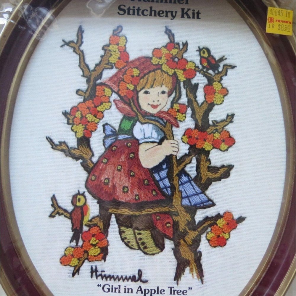 Vintage HUMMEL 70s Crewel Embroidery Kit by Gallery Crafts Girl in Apple Tree wi